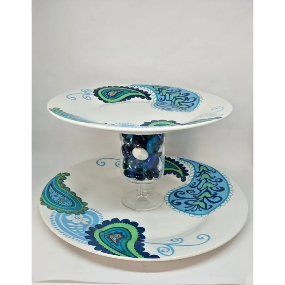 Royal Norfolk Blue Paisley Two-Tier Serving Tray Ceramic Hand Crafted 6